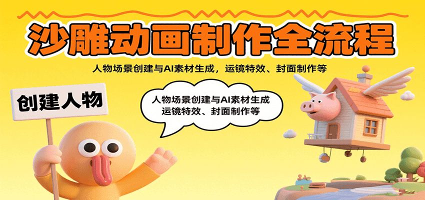沙雕动画制作全流程：人物场景创建与AI素材生成，运镜特效、封面制作等-亚特