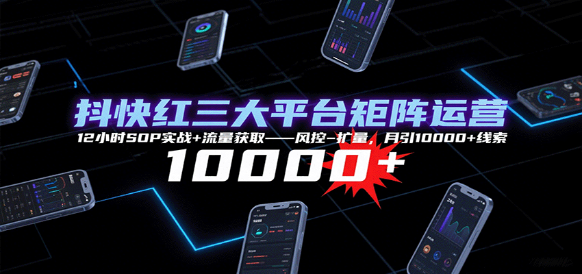 抖快红三大平台矩阵运营，12小时SOP实战+流量获取-风控-扩量，月引10000+线索-亚特