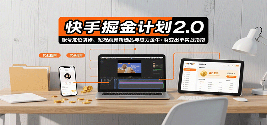 快手掘金计划2.0，账号定位装修、短视频剪辑选品与磁力金牛+裂变出单实战指南-亚特