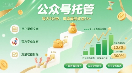 【公众号托管 】我提供文章,你发布,每天5分钟,单篇最高收益1k+【揭秘】-亚特