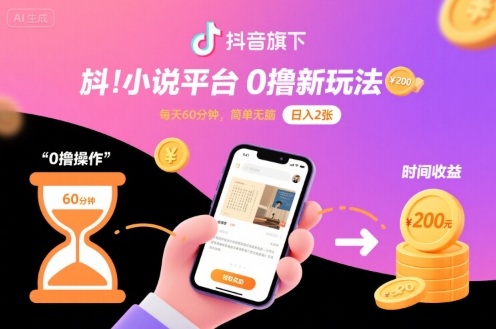 抖音旗下小说平台0撸新玩法，每天挂G60分钟，简单无脑，日入2张【揭秘】-亚特