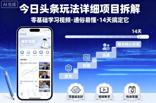 今日头条玩法详细项目拆解，零基础学习视频 通俗易懂 14天搞定它-亚特