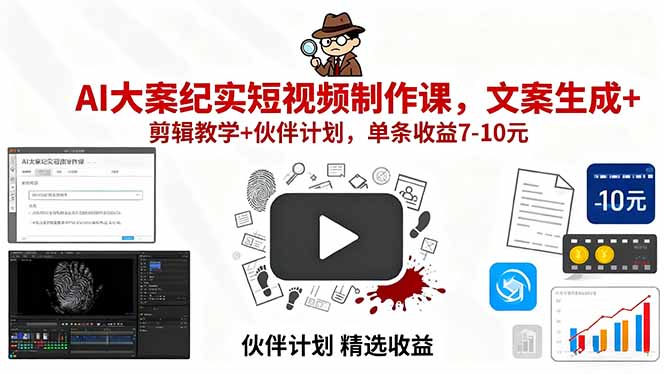 AI大案纪实短视频制作课，文案生成+剪辑教学+伙伴计划，单条收益7-10元-亚特