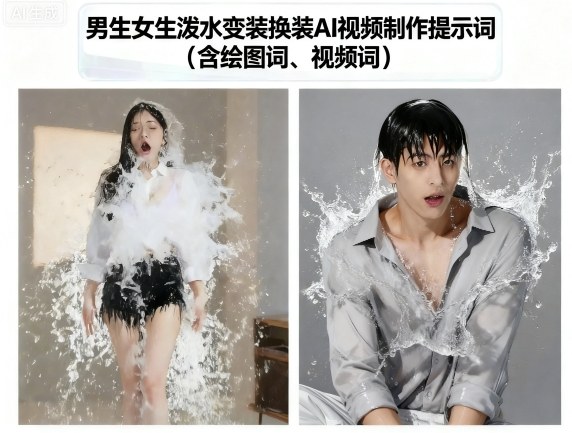 男生女生泼水变装换装AI视频制作提示词(含绘图词、视频词)-亚特
