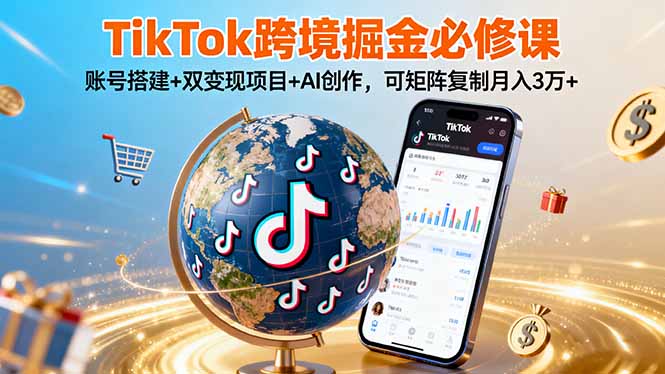 TikTo跨境掘金必修课，账号搭建+双变现项目+AI创作，可矩阵复制月入3万+-亚特