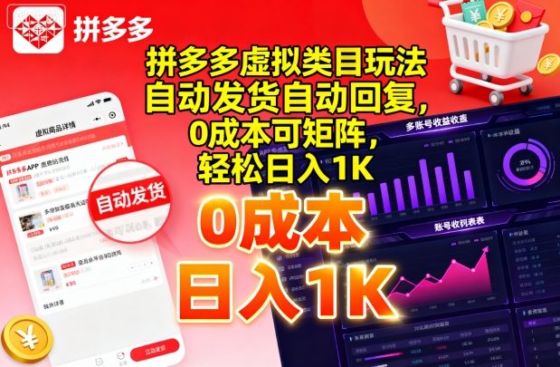 拼多多虚拟类目玩法，自动发货自动回复，0成本可矩阵，轻松日入1K【揭秘】-亚特