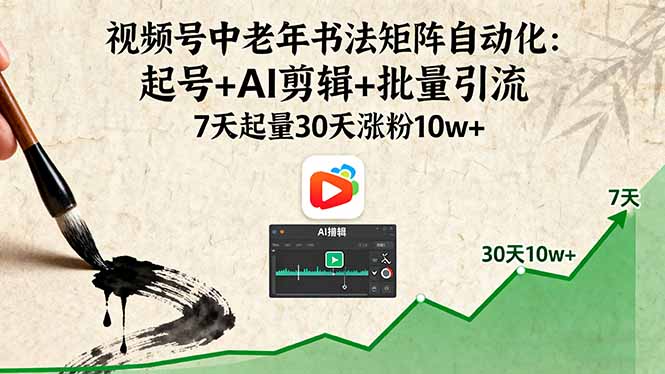 视频号中老年书法矩阵自动化：起号+AI剪辑+批量引流 7天起量30天涨粉10w+-亚特