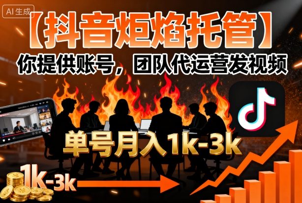 【抖音炬焰托管】你提供账号,团队代运营发视频,单号月入1k+【揭秘】-亚特