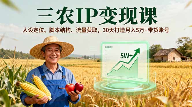 三农IP变现课,人设定位、脚本结构、流量获取,30天打造月入5万+带货账号-亚特