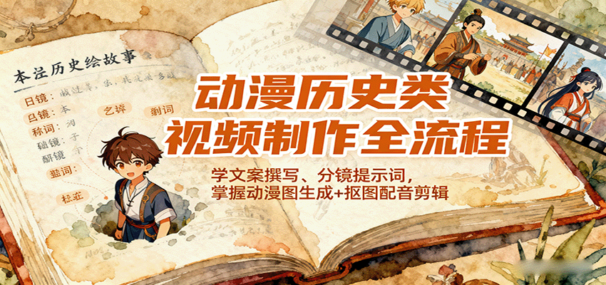 动漫历史类视频制作全流程,学文案撰写、分镜提示词,掌握动漫图生成+抠图配音剪辑-亚特