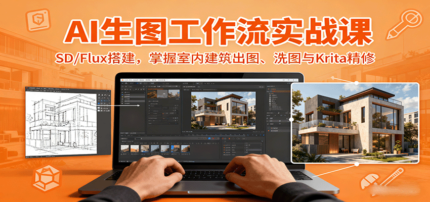 AI生图工作流实战课:SD/Flux搭建,掌握室内建筑出图、洗图与Krita精修-亚特