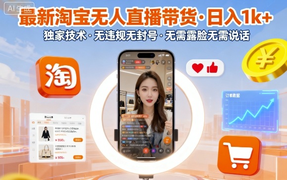 最新淘宝无人直播带货，日入1k+，独家技术，无违规无封号，无需露脸无需说话【揭秘】-亚特